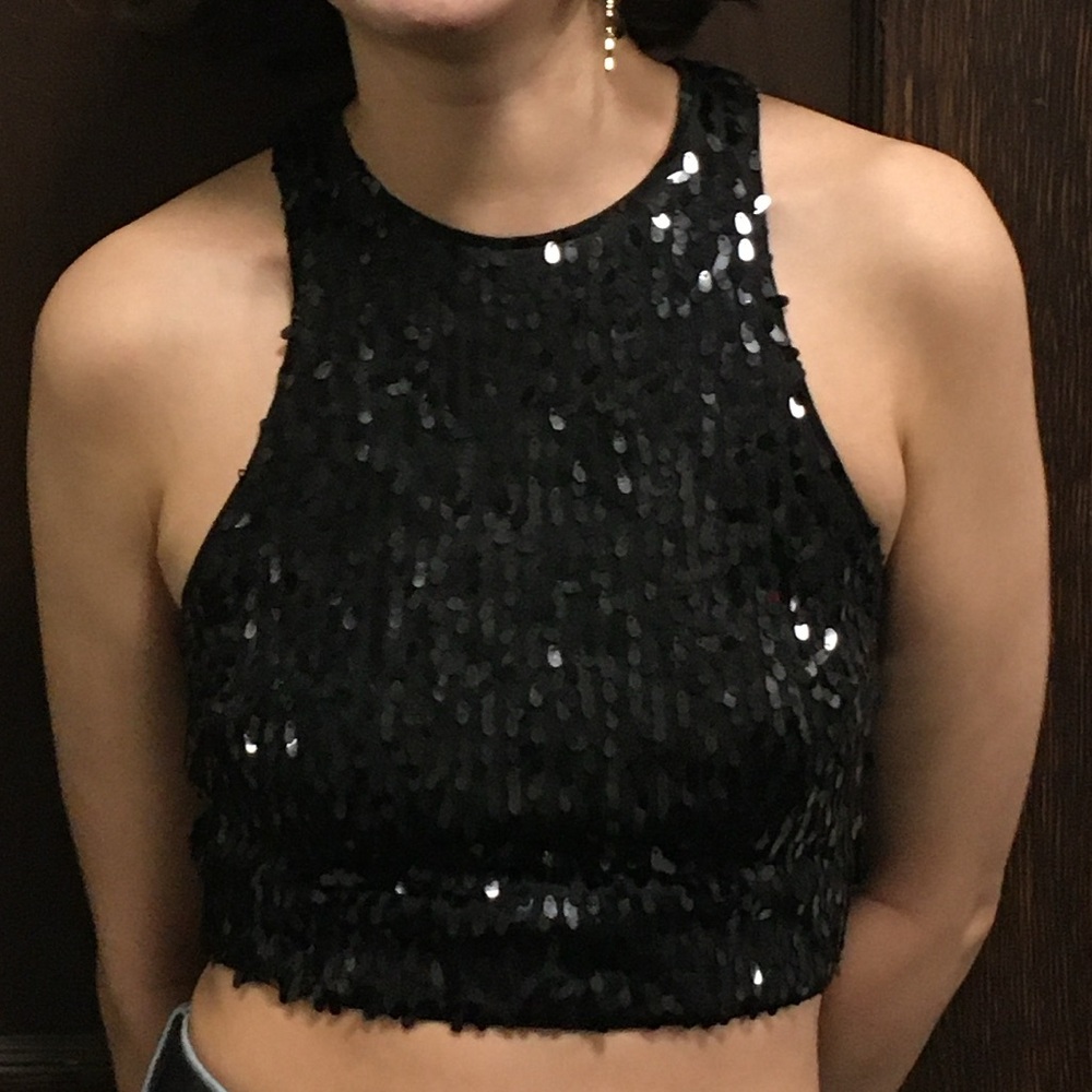 sequin crop top, black, size S, H&M